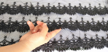 Black Net Lace Trim With Embroidered Flowers 12 inches wide, One Yard Lace Trims